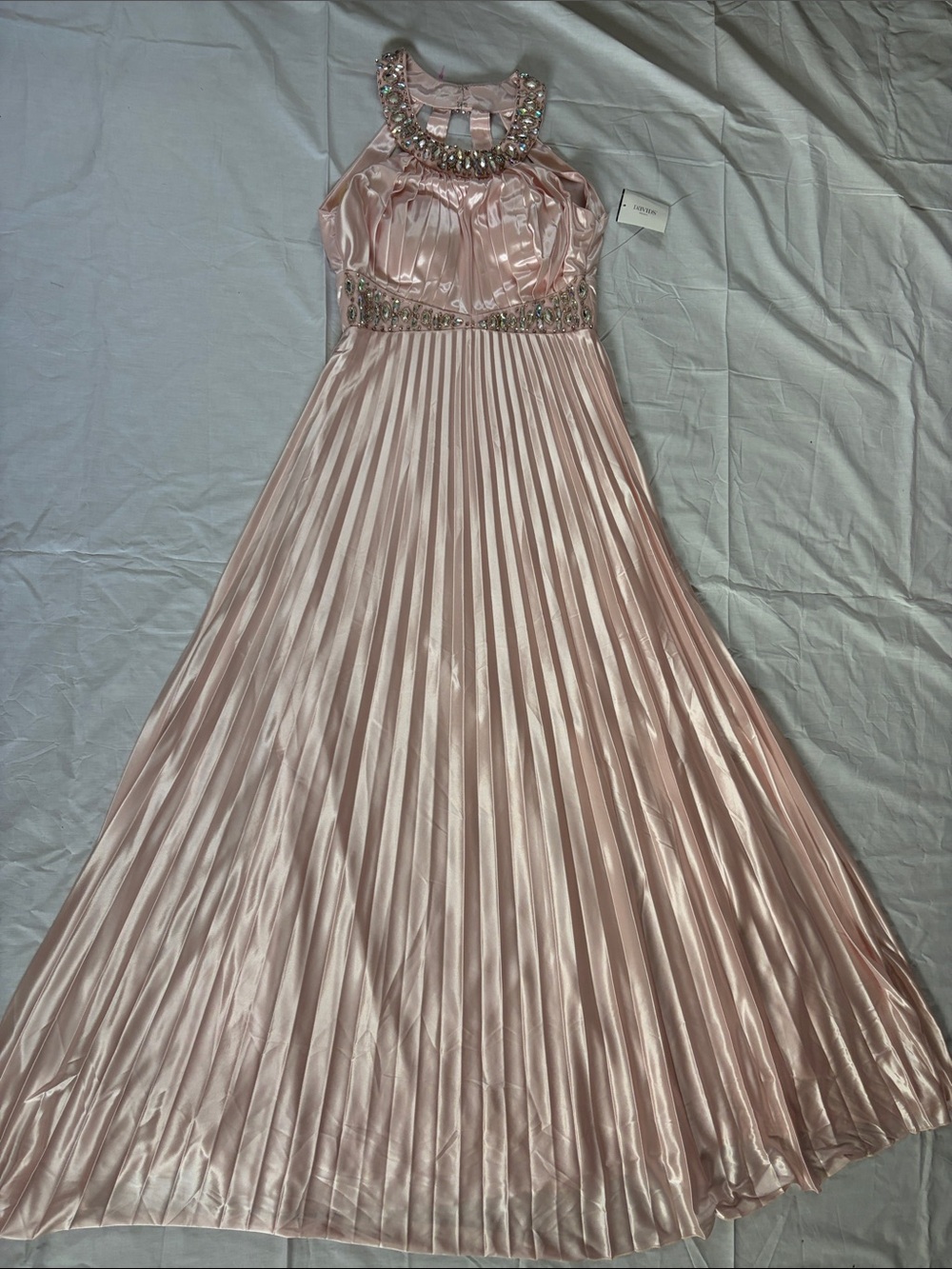 David's Bridal Blush Pink Pleated Halter Prom Dress with Beaded Neckline